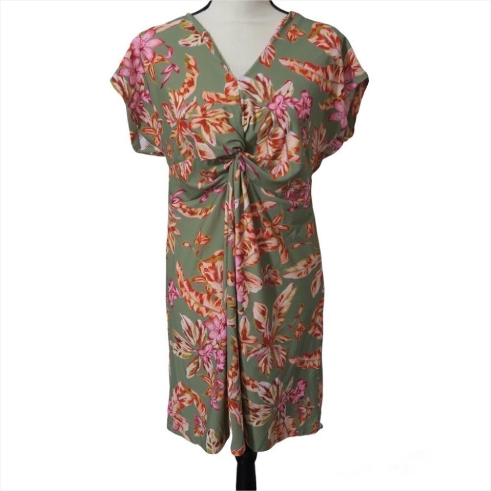 Soft Surroundings Tropical Floral Print Dress‎ Swim Cover Up Twisted Front Green